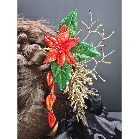 Unique Handcrafted Natural Gemstone Holiday Poinsettia Inspired Hair Stick - Picture 3 of 11